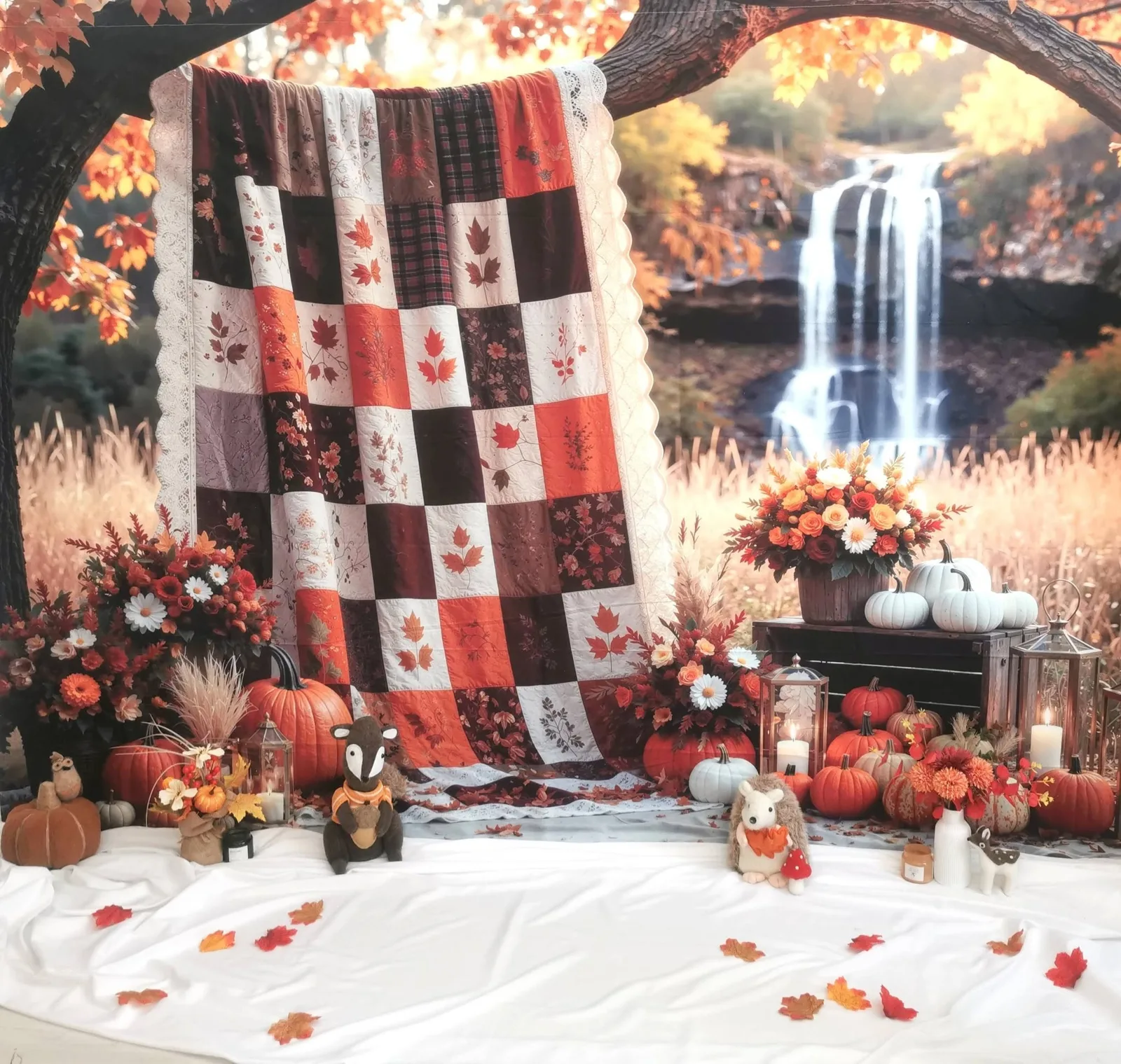 Un décor d'automne en studio : un plaid en patchwork orange, brun et blanc suspendu, des citrouilles, des fleurs et des lanternes devant une toile de cascade.